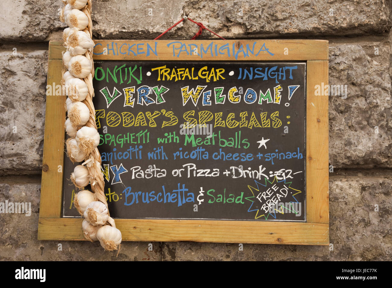 Italy, Rome, typical tourist bar, outside, notice board, menu, Stock Photo