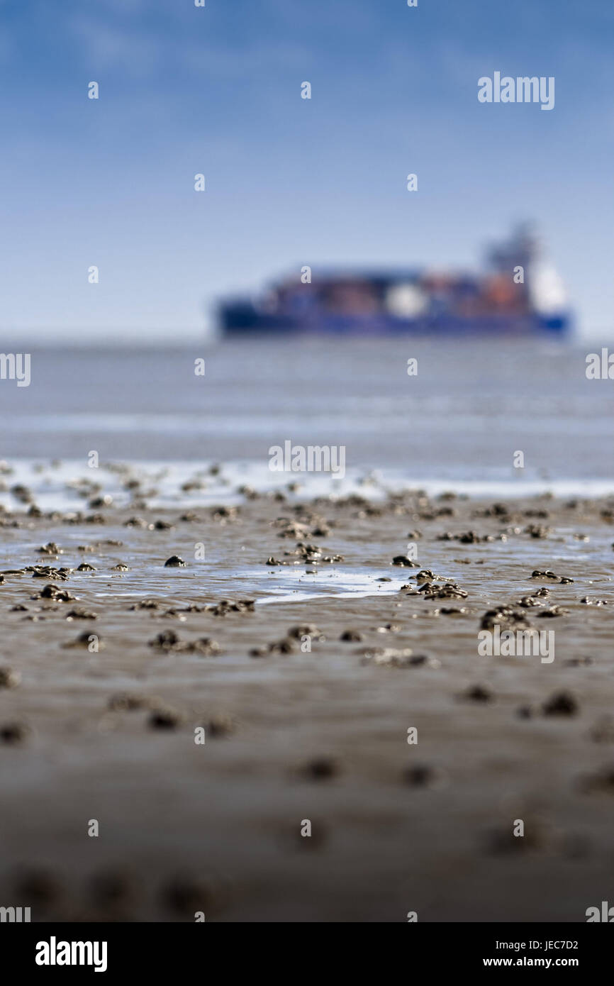 Germany, Cuxhaven, the Elbe, Elbmündung, watt, mud flats, container, container ship, Stock Photo