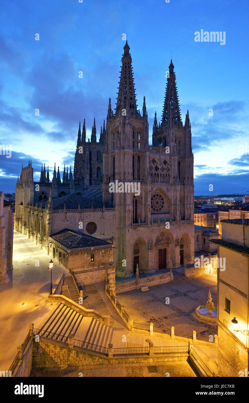 Spain, Castile and Leon, Burgos at night, cathedral and plaza de Santa Maria, Stock Photo
