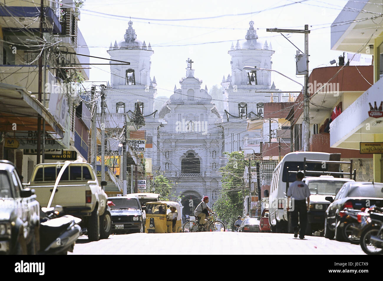 Guatemala, Esquipulas, basilica, street scene, Central America, Latin America, destination, place of interest, church, sacred construction, architecture, church, faith, religion, Christianity, street, traffic, cars, circuits, power supply lines, place of pilgrimage, Stock Photo