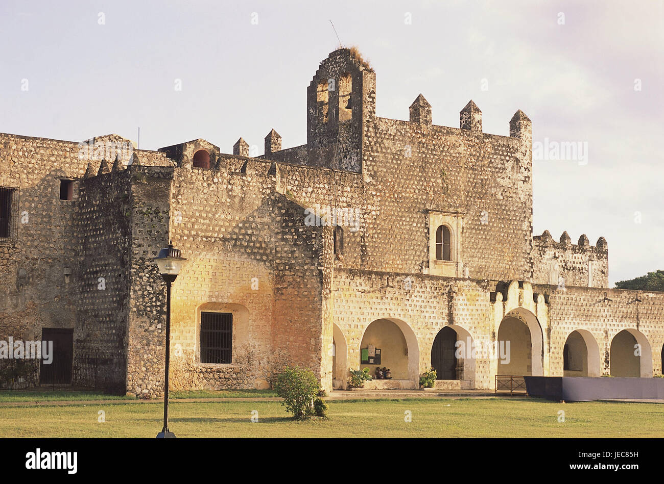 Mexico, peninsula Yucatan, Valladolid, cloister of San Bernardino, ruin, Central America, destination, place of interest, tourism, culture, architecture, remains, buildings, structure, cloister building, defensive walls, outside, deserted, Stock Photo