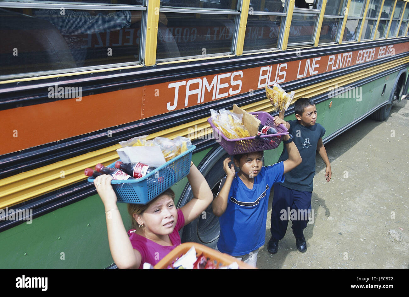 Belize, Belize town, bus terminal, children, sales, drinks, snacks, no model release, Central America, town, stop, bus terminal, coach, bus, means of transportation, publicly, people, locals, child employment, soft drinks, Knabberei, Stock Photo