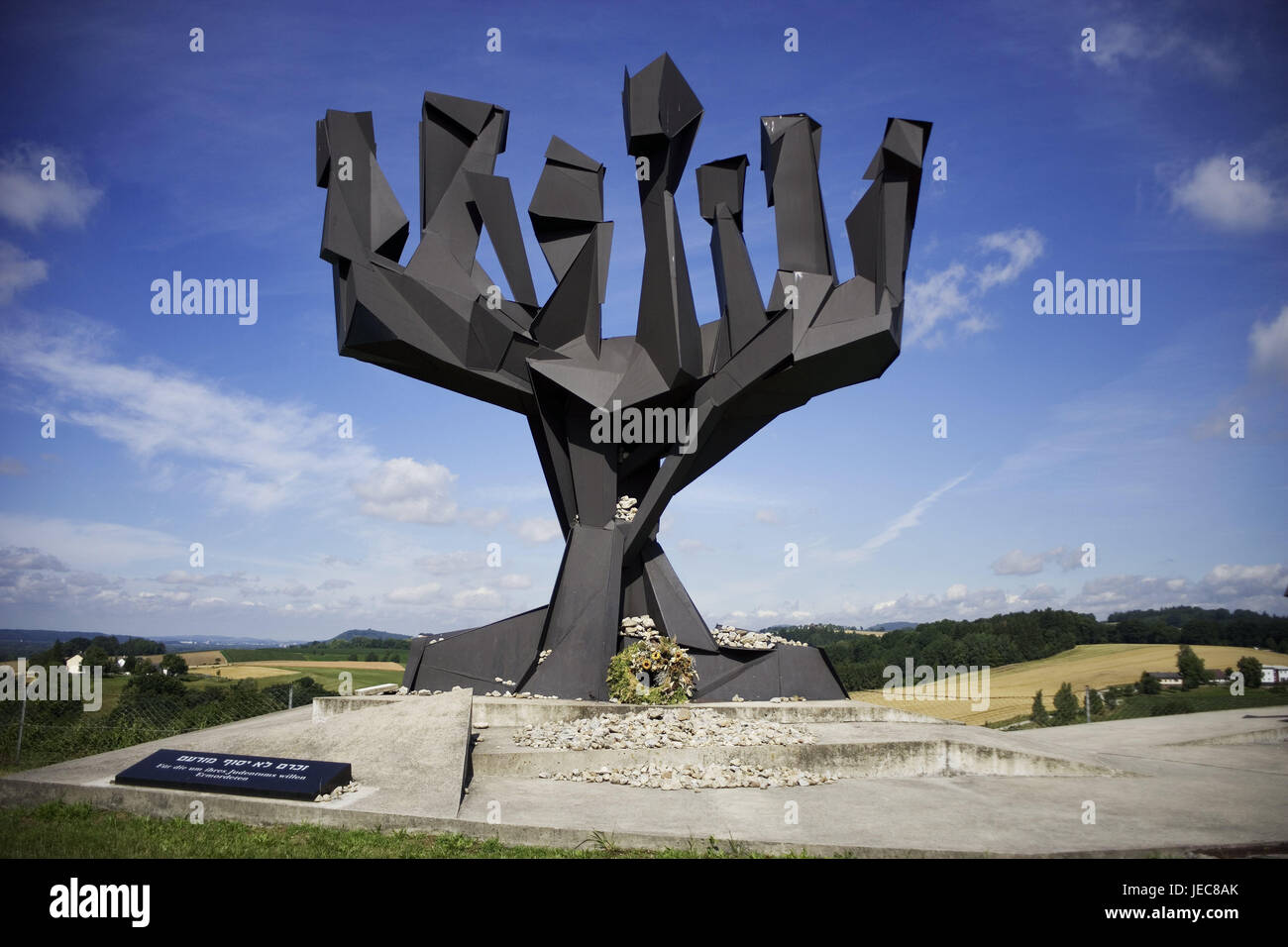 Austria, Mauthausen, concentration camp memorial, sculpture, Jewish monument, outside area, cloudy sky, Upper Austria, concentration camp, National Socialism, labour camp, concentration camp, prison camp, prisoner's warehouse, prisoner's of war warehouse, support, homicide, destruction, murder, hard labour, the Holocaust, dimension murder, mass destruction, anti-Semitism, prisoners of war, Jews, Gipsies, memorial, recollection, reminder, memorial, icon, Menora, nobody, outside, Stock Photo