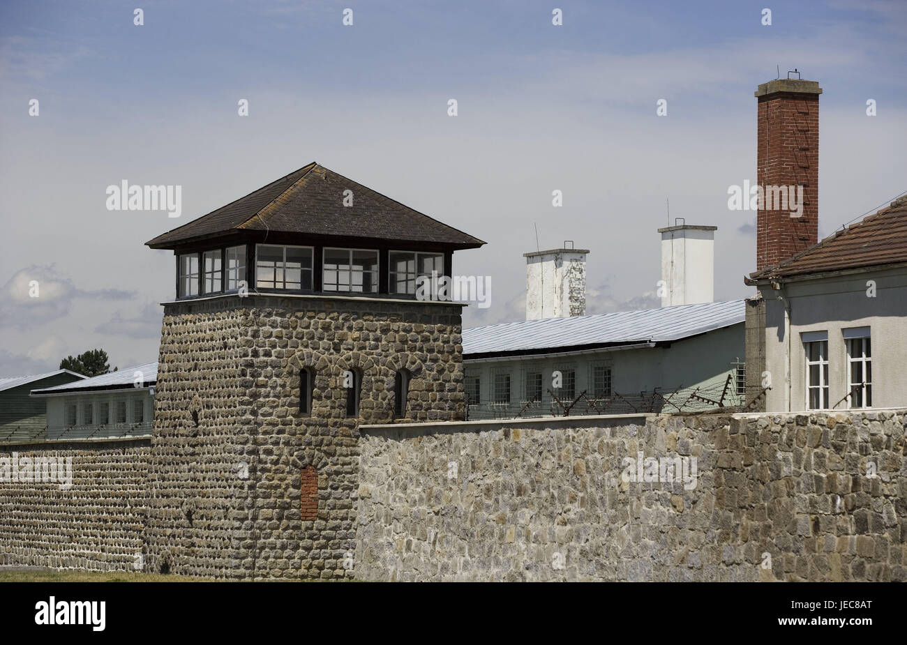 Austria, Mauthausen, concentration camp memorial, encirclement defensive wall, barbed wire fence, watch-tower, barracks, crematory, Upper Austria, concentration camp, National Socialism, labour camp, concentration camp, prison camp, prisoner's warehouse, prisoner's of war warehouse, support, homicide, destruction, murder, hard labour, the Holocaust, dimension murder, mass destruction, anti-Semitism, prisoners of war, Jews, Gipsies, memorial, recollection, reminder, memorial, barbed wire, defensive wall, fence, blocking, building, outside wall, chimney, nobody, outside, Stock Photo