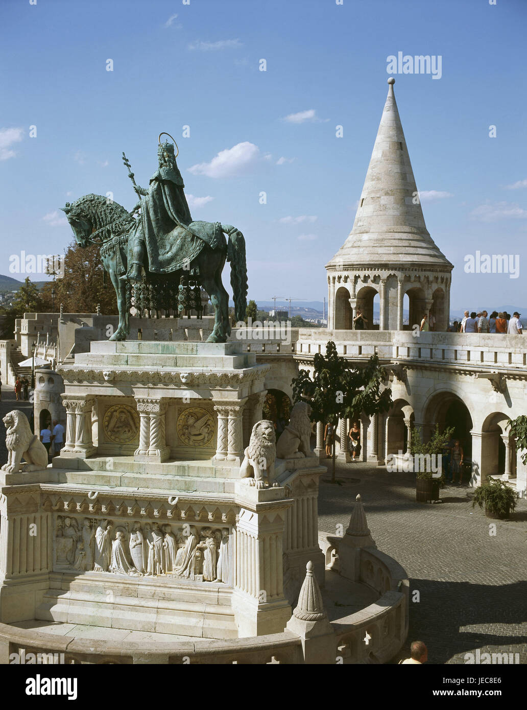 Hungary, Budapest, fishing bastion, bleed monument king Stephan I, capital, castle mountain, castle, fortification, Halaszbastya, structure, architecture, architecture, landmark, place of interest, destination, tourism, UNESCO-world cultural heritage, Stock Photo