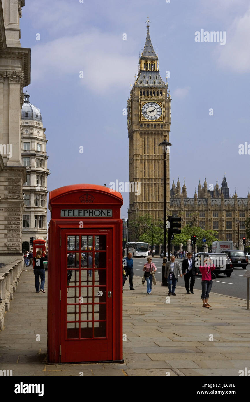 Great Britain, England, London, Houses of Parliament, Big Ben, street scene, pedestrian, telephone box, capital, town, parliament building, government building, tower, structure, architecture, place of interest, landmark, UNESCO-world cultural heritage, person, tourist, Stock Photo