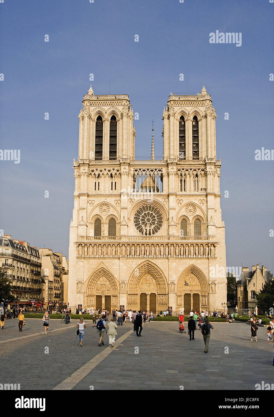 France, Paris, cathedral Notre lady, forecourt, tourist, capital, church, structure, Gothic, sacred construction, Notre lady's cathedral, architecture, place of interest, landmark, person, sightseeing, destination, tourism, city travel, Stock Photo