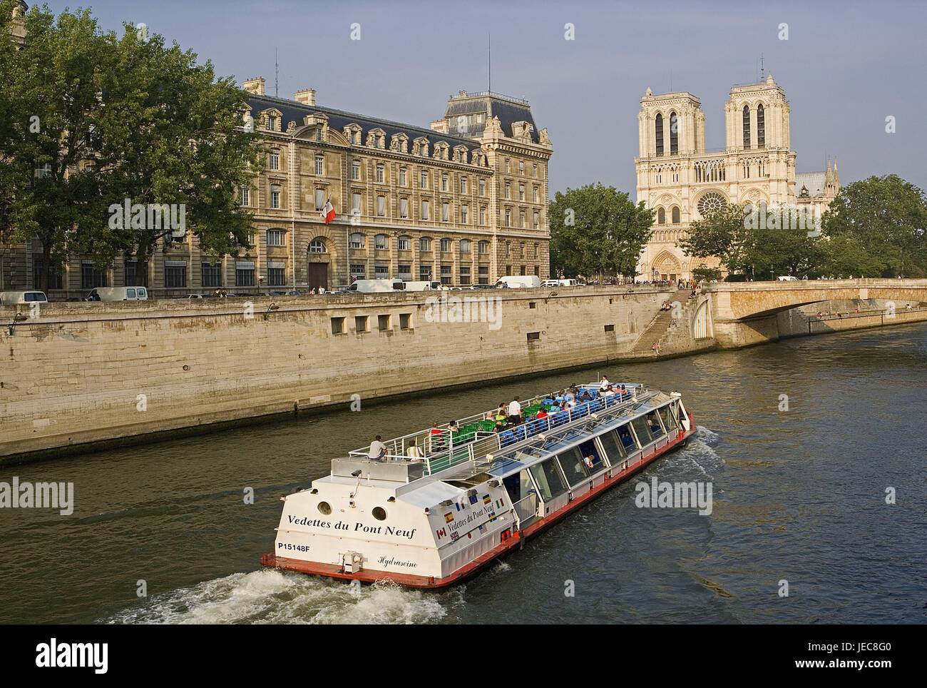 France, Paris, cathedral Notre lady, his, excursion boat, capital, church, structure, Gothic, sacred construction, Notre lady's cathedral, place of interest, landmark, river, boat, ship, riverboat journey, navigation, tourist, sightseeing, destination, tourism, city travel, Stock Photo