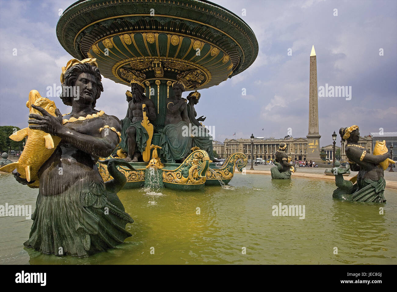 France, Paris, Place de la Concorde, fountains, obelisk, capital, square, fountain, well, south well, water, jet, well character, in 1836-1854, place of interest, destination, tourism, Stock Photo