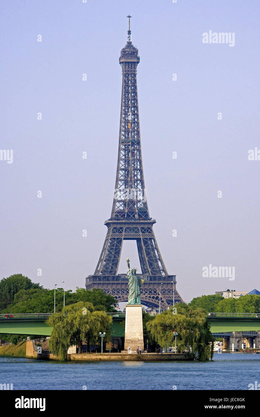 France, Paris, Eiffel Tower, the Statue of Liberty, tourist, capital, tower, steel half-timbered tower, structure, construction, steel design work, landmark, place of interest, destination, tourism, town view, Stock Photo