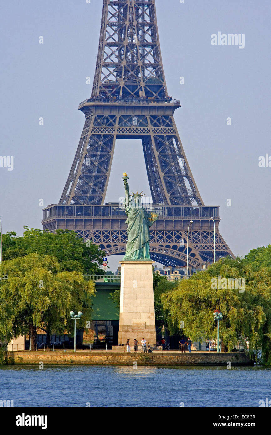 France, Paris, Eiffel Tower, detail, the Statue of Liberty, tourist, capital, tower, steel half-timbered tower, structure, construction, steel design work, landmark, place of interest, destination, tourism, town view, Stock Photo
