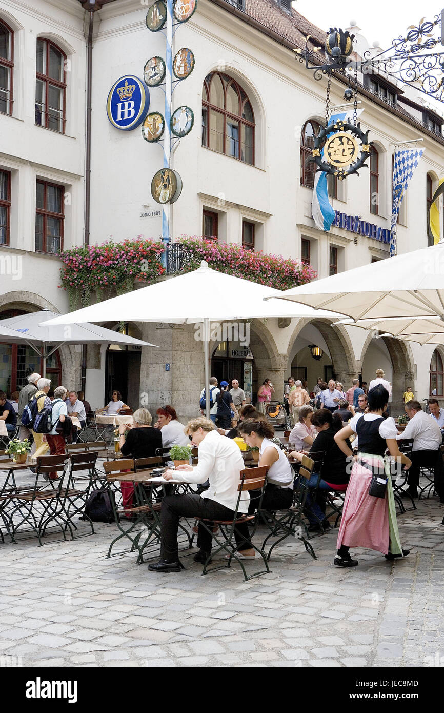 Germany, Upper Bavaria, Munich, Platzl, street bar, Hofbräuhaus, passer-by, Bavaria, pedestrian area, bars, cafes, buildings, restaurants, tourist attraction, attraction, place of interest, gastronomy, economy, tourism, person, sunshade, summer, outside, Stock Photo