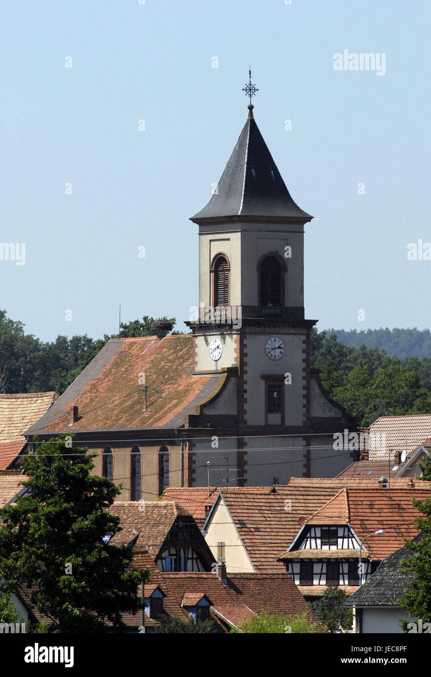 France, Alsace, Bas-Rhin, place, church, village, church, sacred construction, architecture, steeple, houses, residential houses, roofs, faith, religion, Christianity, tower, steeple, clock, Stock Photo