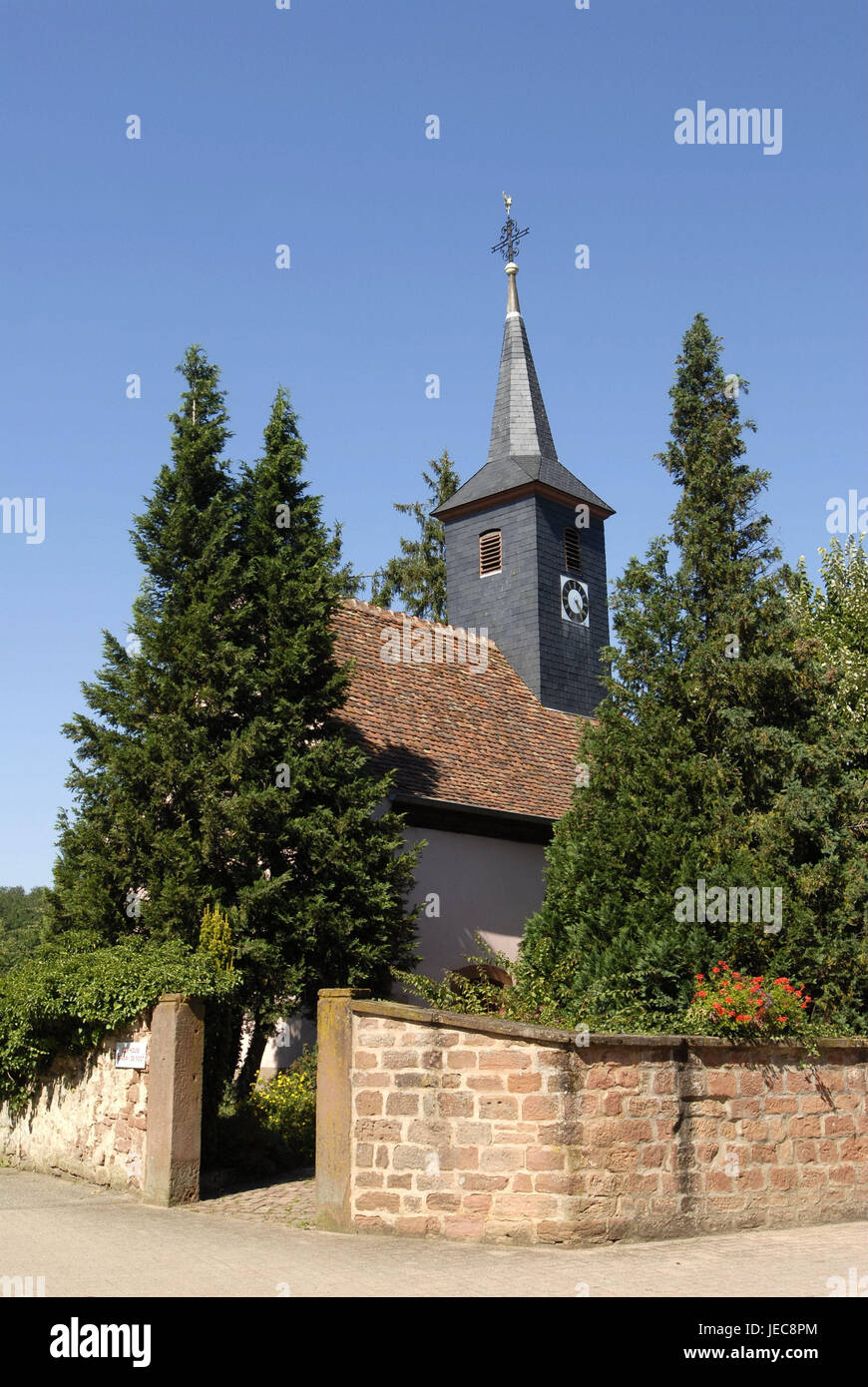 France, Alsace, Bas-Rhin, Geiswiller, church, town, church, steeple, structure, building, architecture, tower, faith, religion, Christianity, Protestant, sky, blue, cloudless, outside, deserted, defensive wall, trees, Stock Photo