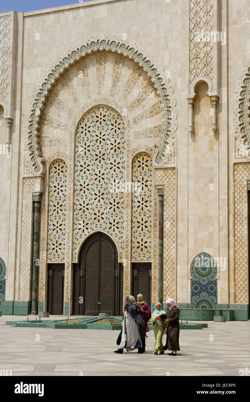 Morocco, Casablanca, mosque Hassan II, portal, women, town, destination, place of interest, culture, structure, Hassan II. mosque, building, architecture, prestige construction, faith, religion, Islam, religiously, outside, people, locals, pedestrians, Stock Photo