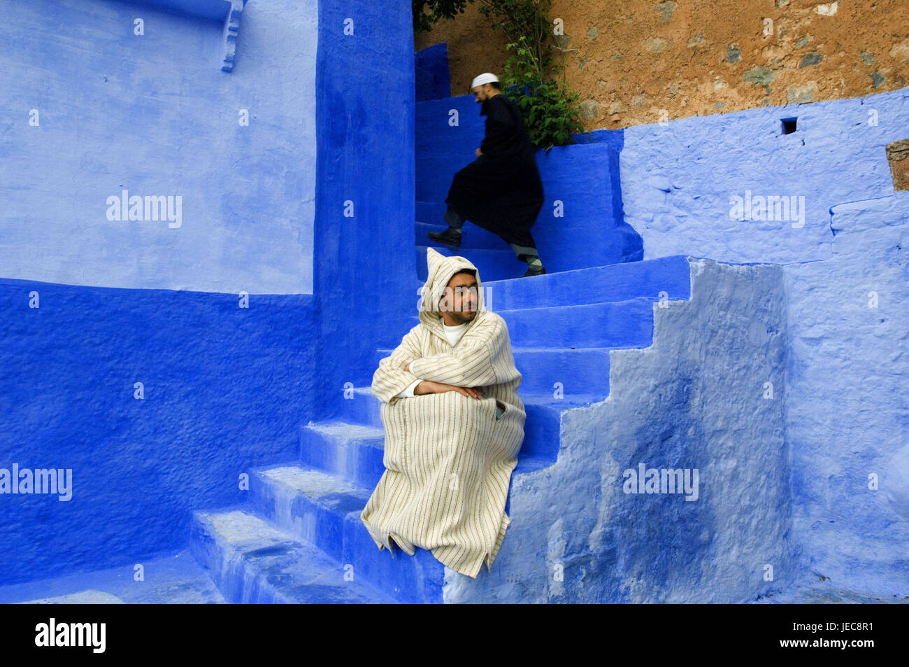 Morocco, Chefchaouen, lane, stairs, blue, men, sit, go, no model release, Africa, house, building, house defensive wall, defensive wall, architectural style, architecture, colour tuning, place of interest, person, locals, casing, hood, copy square, Djellaba, Stock Photo