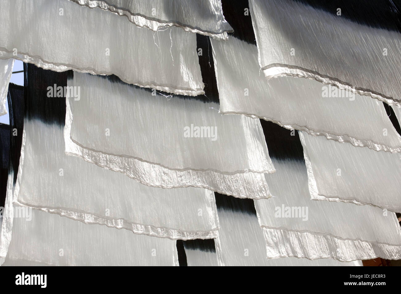 Morocco, Marrakech, dyer's fourth, cloths, white, hang, detail, Africa, North Africa, town, lane, market, Souk, economy, dyer's trade, manual labour, tradition, dry, outside, uncolored, Stock Photo