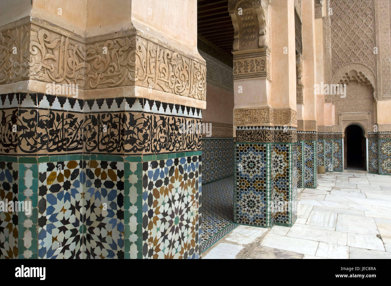 Morocco, Marrakech, madrassa, Ali ben Youssef Medersa, atrium, detail, Africa, North Africa, destination, town, Old Town, place of interest, building, structure, historically, architecture, architectural style, court, inner courtyard, faïence mosaics, tiles, samples, ornaments, faïence, faïence flowing, outside, deserted, basin, skilfully, Stock Photo
