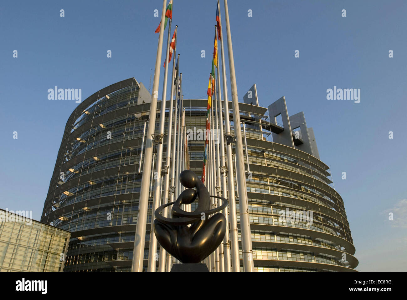 France, Alsace, Strasbourg, European Parliament, chamber of deputies, flags, sculpture, Europe, architecture, building, structure, glass front, flags, nations, passed away, blow, European, flagpoles, glass front, construction, outside, deserted, art, St. of art, sculpture, Stock Photo