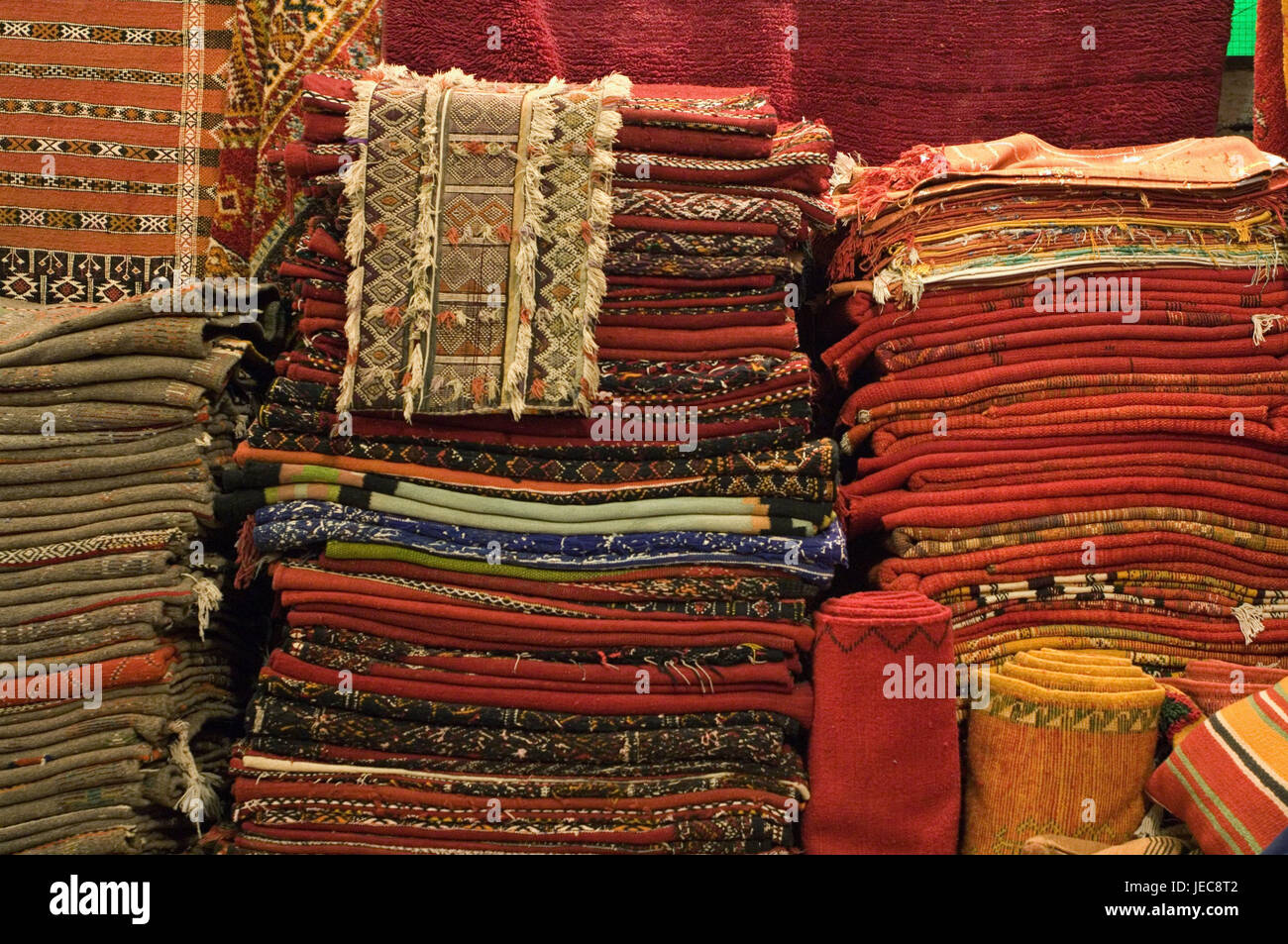 Morocco, Marrakech, Medina, Souk, carpets, batches, detail, Africa, North Africa, destination, place of interest, culture, market, carpet market, runner, sample, colours, product, choice, differently, stacked, Stock Photo