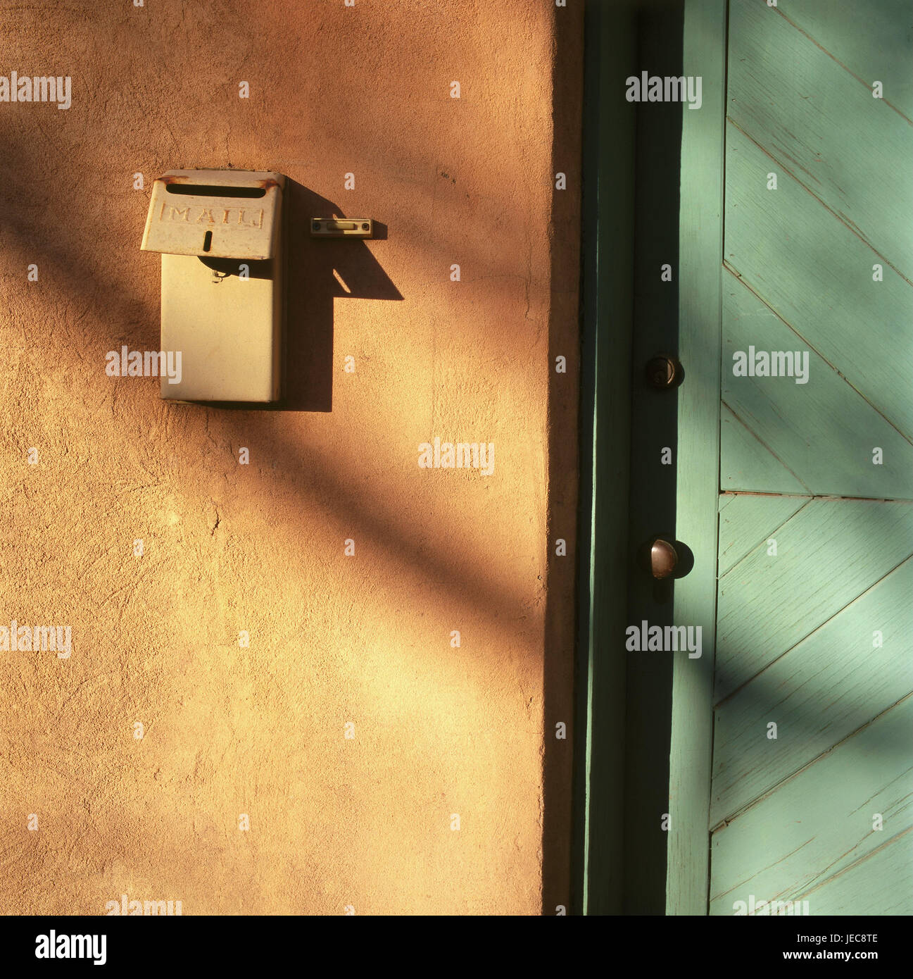 House facade, mailbox, bell button, front door, green, detail, house