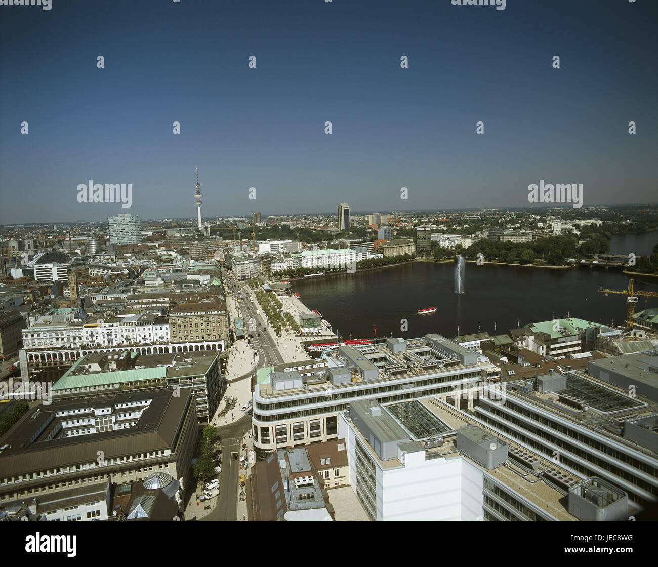 Germany, Hamburg, town overview, Jungfernstieg, the Inner Alster, North Germany, city, Hanseatic town, port, town, city centre, television tower, waters, ship, jet, overview, copy space, Stock Photo