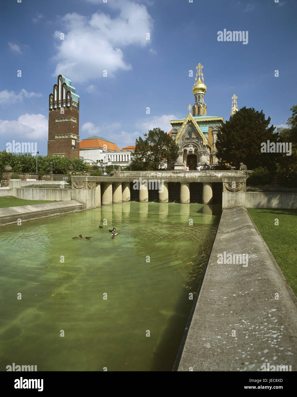 Germany, Hessen, Darmstadt, Mathildenhöhe, Russian band, wedding attack, water cymbal, hill, garden, culture, Maria's Magdalena church, square, waters, cymbal, water, brick tower, '5 finger tower', sacred construction, tower, church, architecture, structures, historically, basin, architecture, place of interest, landmark, Stock Photo