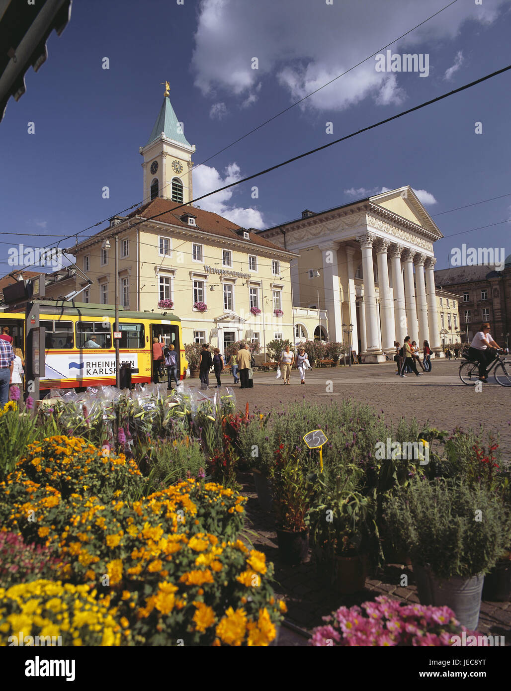 Germany, Baden-Wurttemberg, Karlsruhe, marketplace, wine programmer house, Protestant town church, town, centre, square, building, church, facades, market, flowers, market stall, flower sales, passer-by, city railroad, streetcar, stop, person, Stock Photo