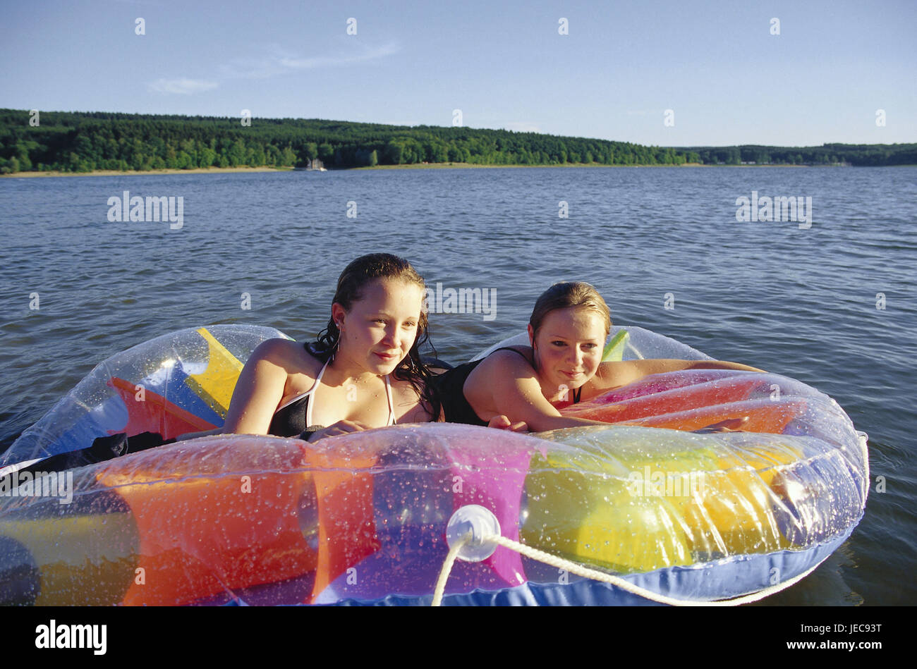 Germany, North RhineWestphalia, Möhnesee, girl, rubber dinghy, have a