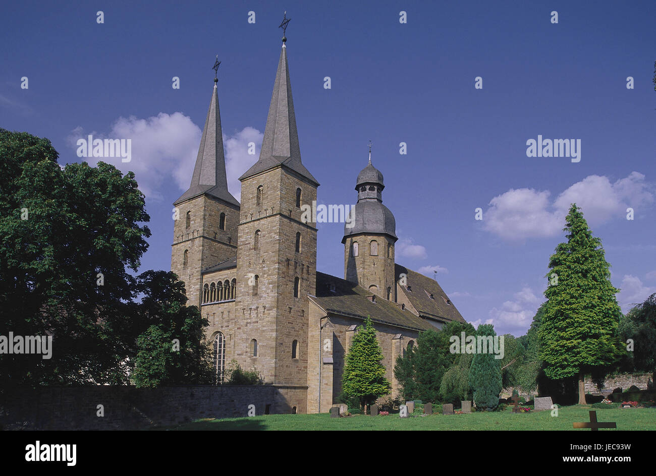 Germany, North Rhine-Westphalia, Marien's cathedral, Vörden, abbey, church, Teutoburger wood, place of interest, structure, historically, architecture, cloister attachment, cloister area, abbey church, minster, cemetery, trees, outside, Stock Photo