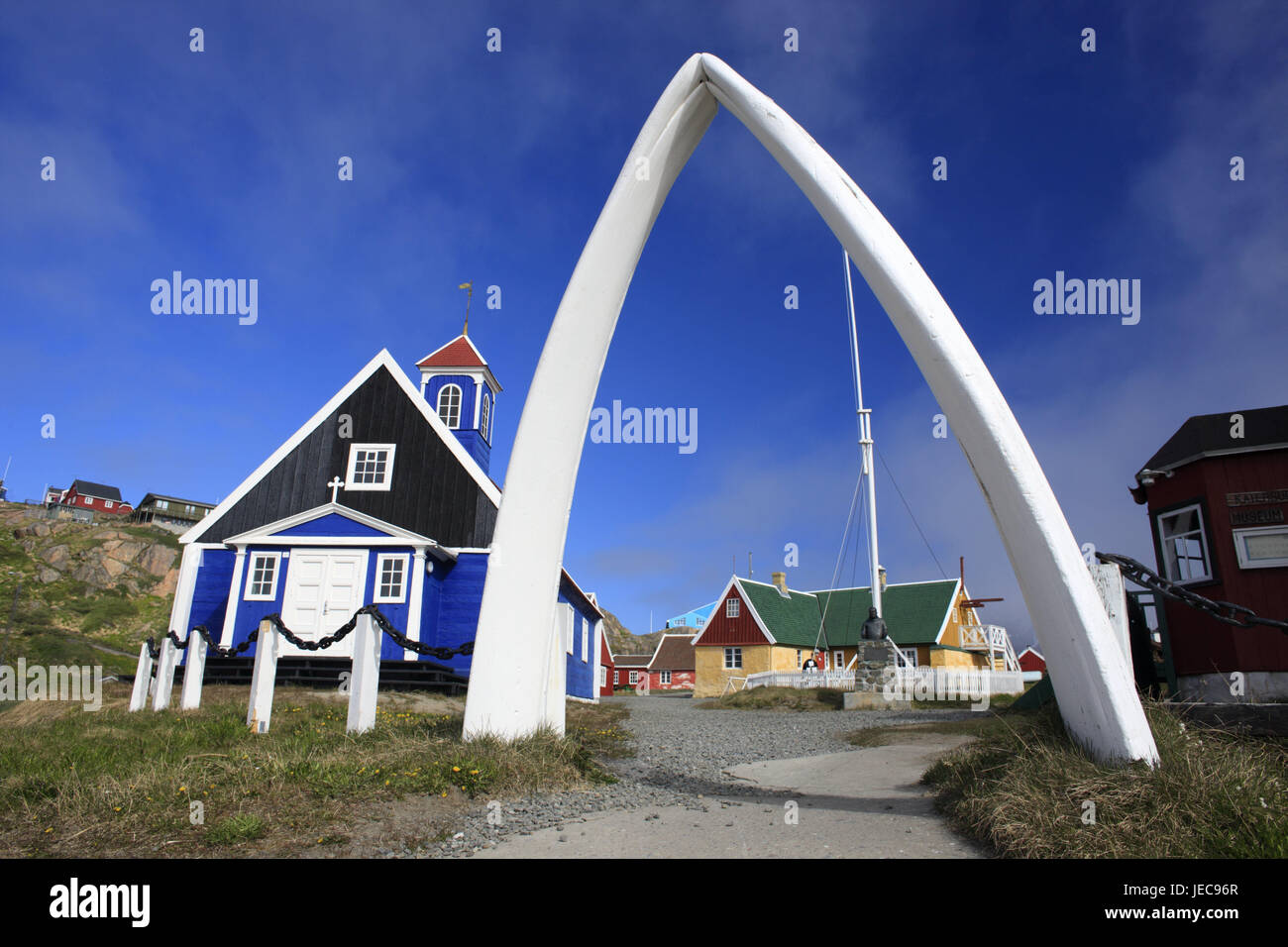 Greenland, Sisimiut, town input, gate, whale bone, Western Greenland, town, town gate, input, gate, houses, timber houses, church, timber-frame construction way, bone, passage, tremendously, sky, blue, outside, deserted, Stock Photo