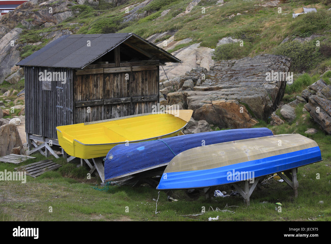 Greenland, Sisimiut, wooden hut, boats, Western Greenland, town, destination, steelworks, timber-frame construction way, oar boots, fishing boats, blue, yellow, outside, deserted, meadow, rock, coast, Stock Photo