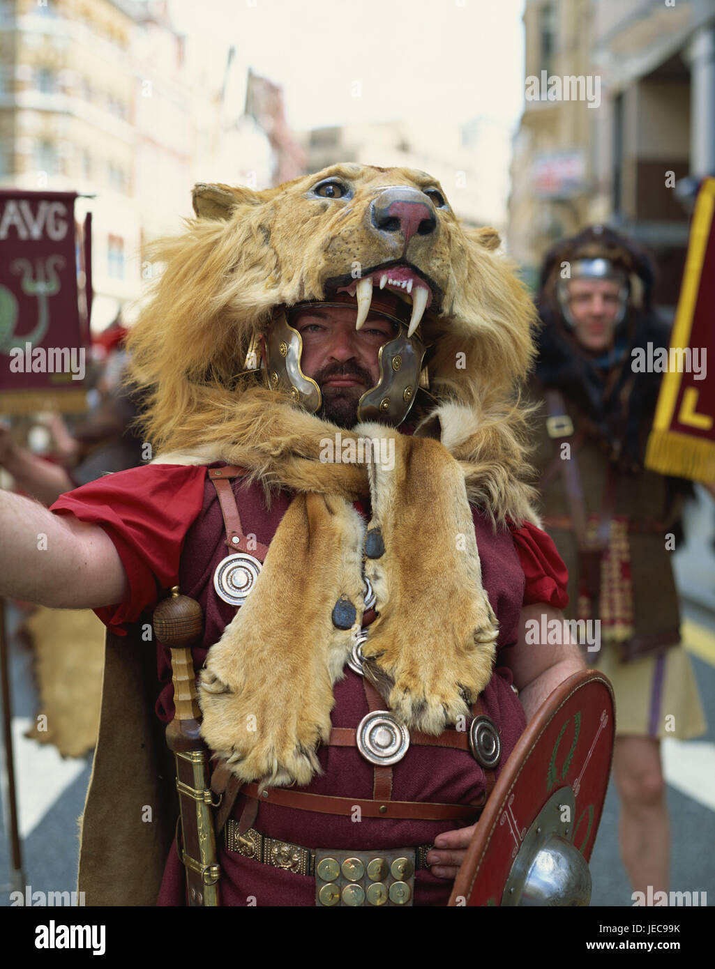 Great Britain, England, Northumbria, Houesteads, men, costumes, legionaries, Roman, lion's head, no model release, Europe, places of interest, people, culture, story, historically, tradition, soldier, foetus-giving, horrific, lion's fur, Stock Photo