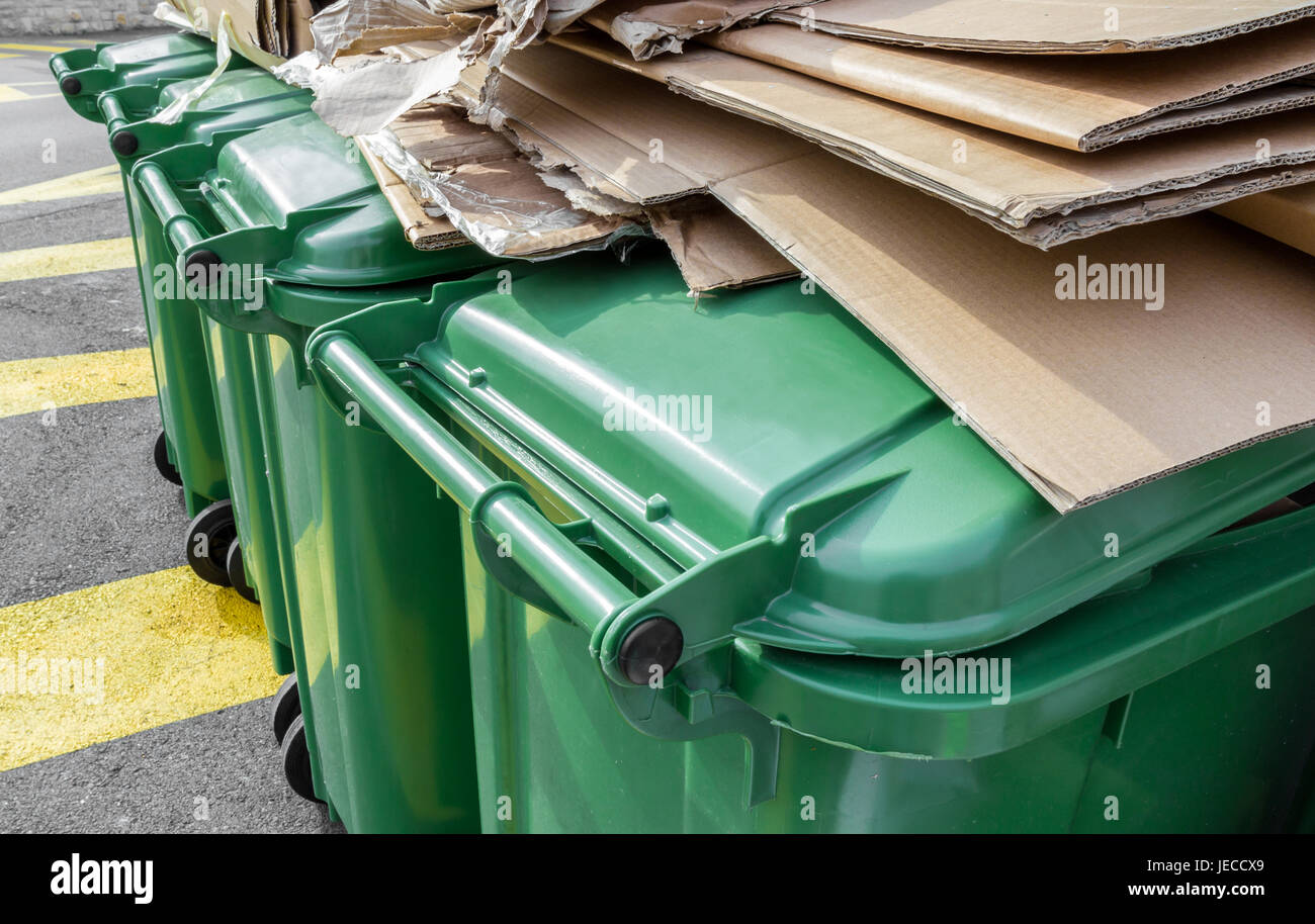 Paper and cardboard on green recycle bins Stock Photo Alamy