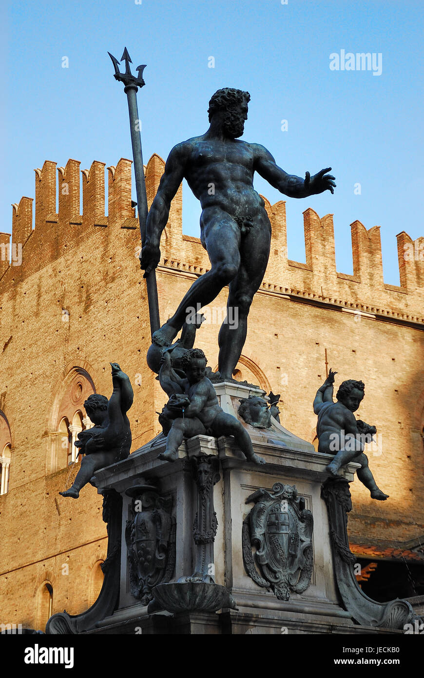 Bologna, Italy. The Fountain of Neptune (Italian: Fontana di Nettuno) is a  monumental civic fountain located in the eponymous square, Piazza del  Nettuno, next to Piazza Maggiore. The fountain is called The