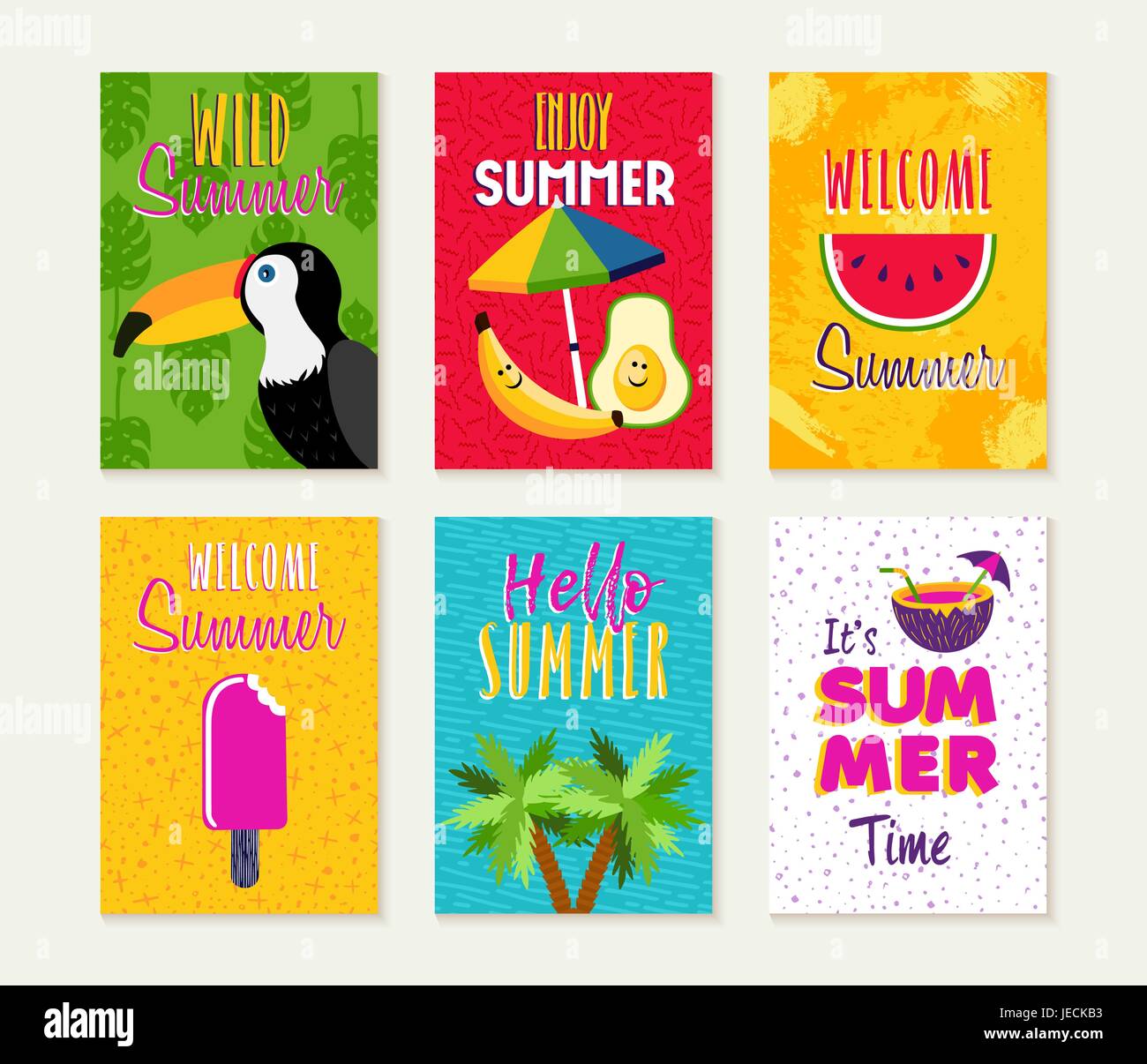 Summer template set, summertime vacation quotes with fun season illustrations. Ideal for greeting card, party invitation, flyer or poster. EPS10 vecto Stock Vector