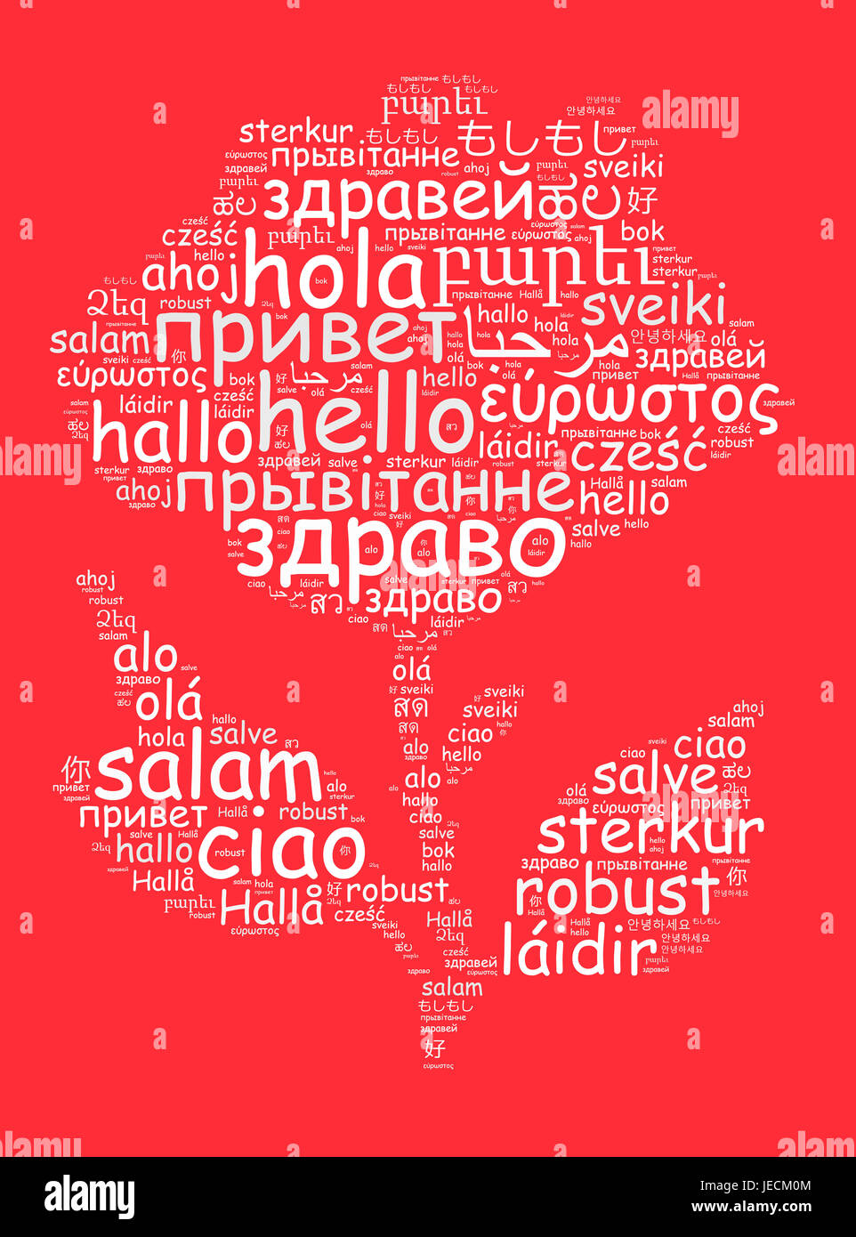 Word Hello in different languages word cloud concept in heart shape Stock Photo