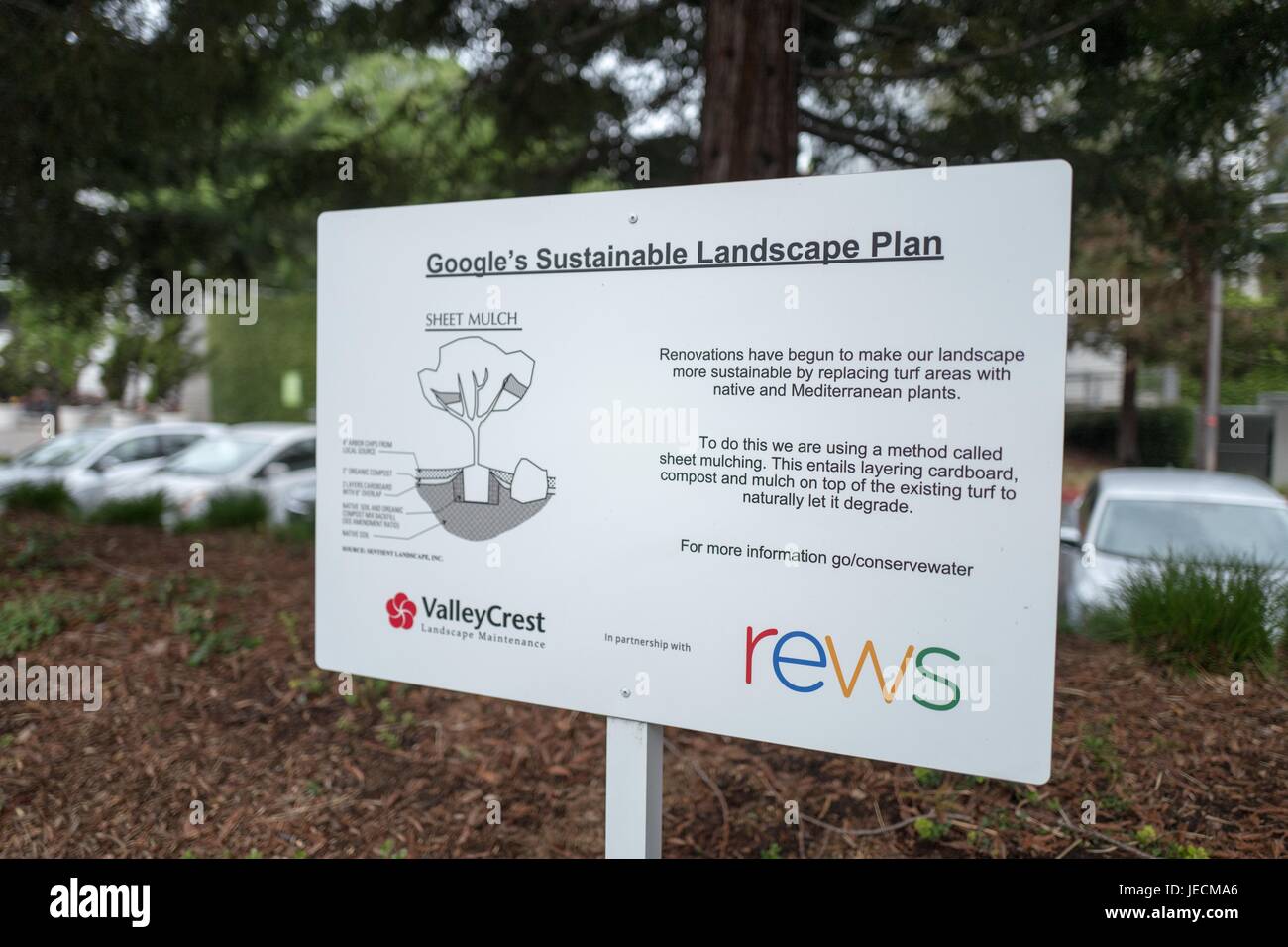 Signage for the Google Sustainable Landscape Plan at the Googleplex, headquarters of Google Inc in the Silicon Valley town of Mountain View, California, April 7, 2017. Stock Photo