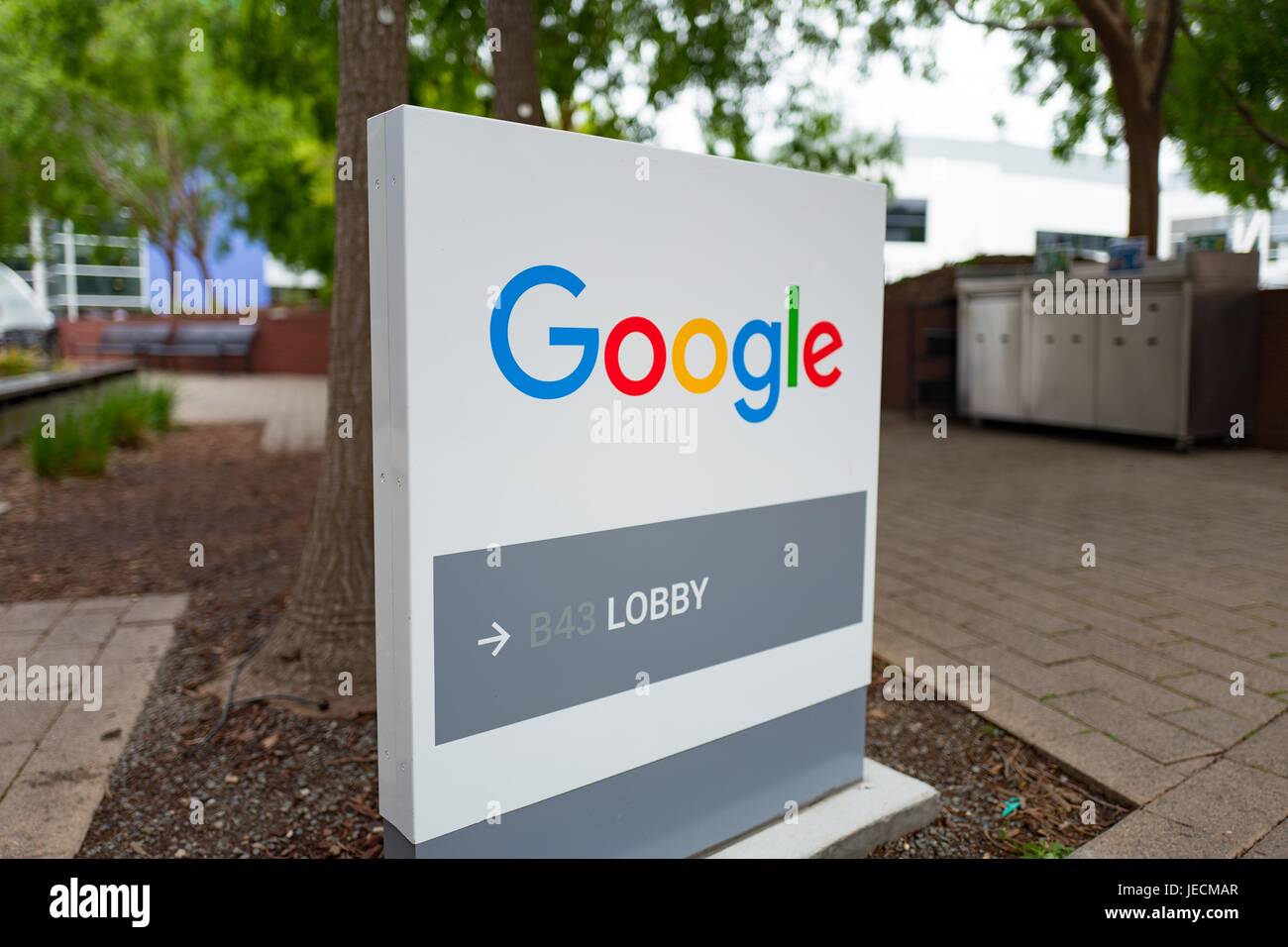 Google signage with logo at the Googleplex, headquarters of Google Inc in the Silicon Valley town of Mountain View, California, April 7, 2017. Stock Photo