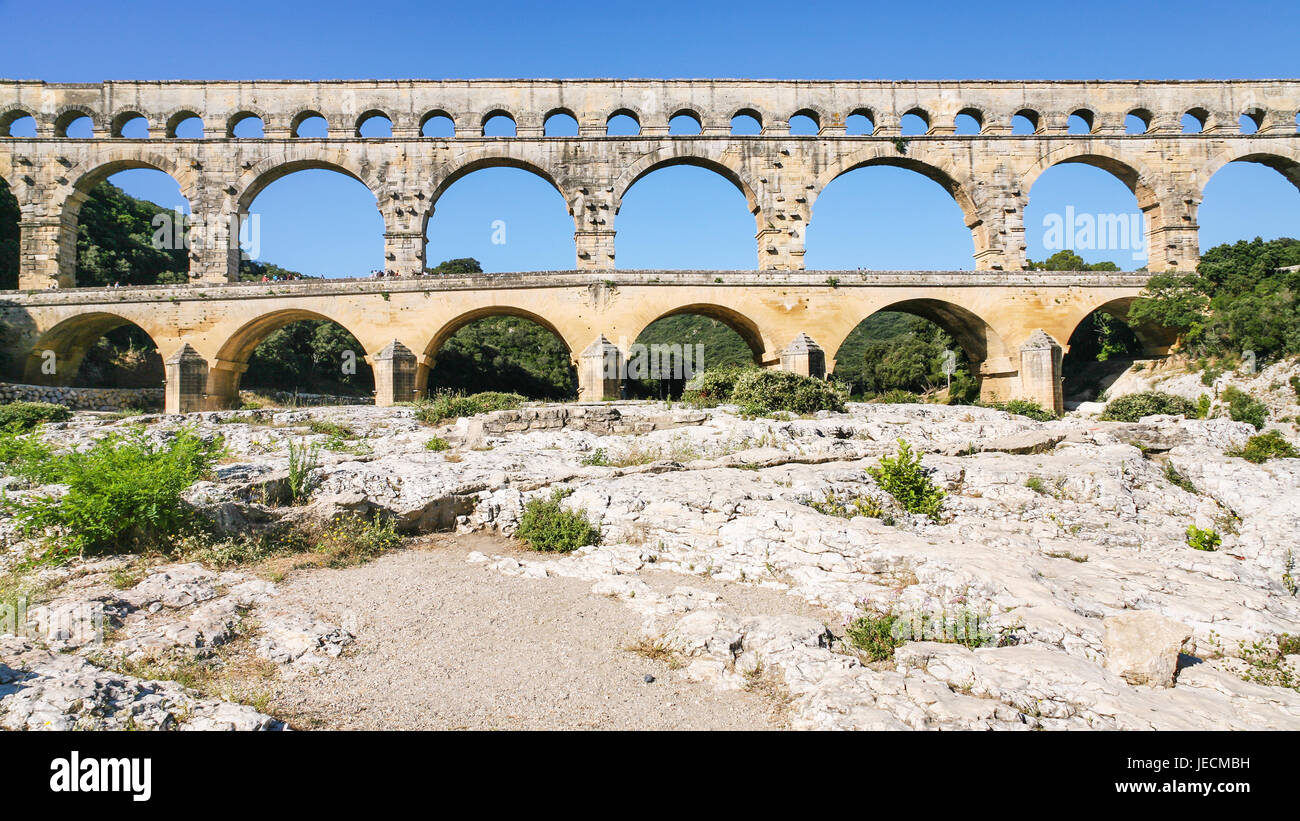 Travel to Provence, France - view of ancient Roman aqueduct Pont du Gard  from dried riverbed of Gardon River near Vers-Pont-du-Gard town Stock Photo  - Alamy