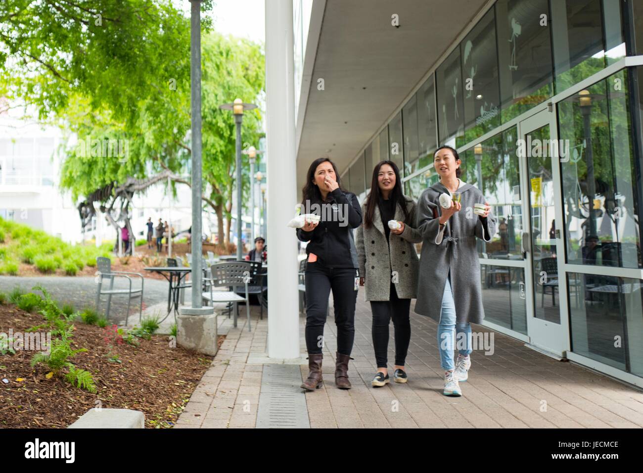 Three young, millennial age female tech workers walk and hold lunch foods at the Googleplex, headquarters of Google Inc in the Silicon Valley town of Mountain View, California, April 7, 2017. Diversity is a major topic in Silicon Valley, especially the inclusion of more women in technology jobs. Stock Photo