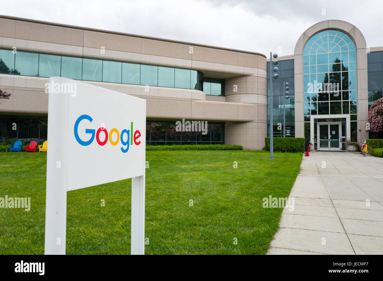 Logo with signage in front of Building 44, which houses employees working on the Android mobile phone operating system, at the Googleplex, headquarters of Google Inc in the Silicon Valley town of Mountain View, California, April 7, 2017. Stock Photo