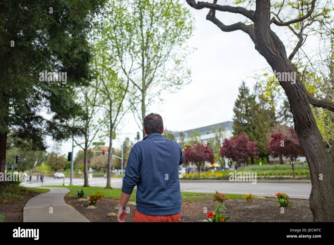 Via from behind of a Google Inc employee, known as a Googler, at the Googleplex, headquarters of Google Inc in the Silicon Valley town of Mountain View, California, April 7, 2017. Stock Photo