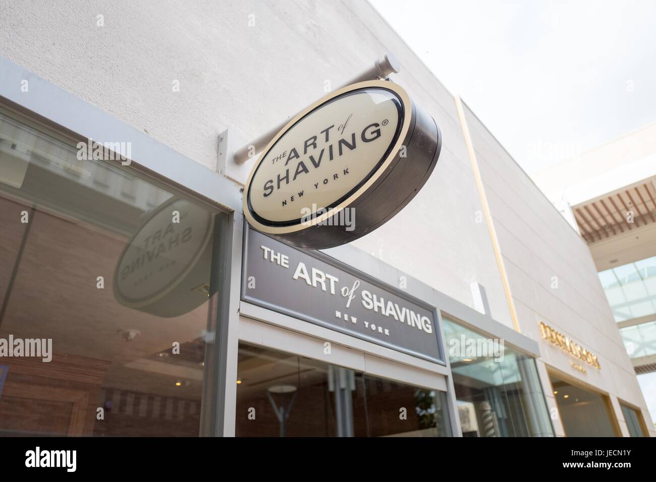 The Art of Shaving, a retail store devoted to luxury razors and other shaving products, at the Stanford Shopping Center, an upscale outdoor shopping mall in the Silicon Valley town of Stanford, California, April 7, 2017. Stock Photo