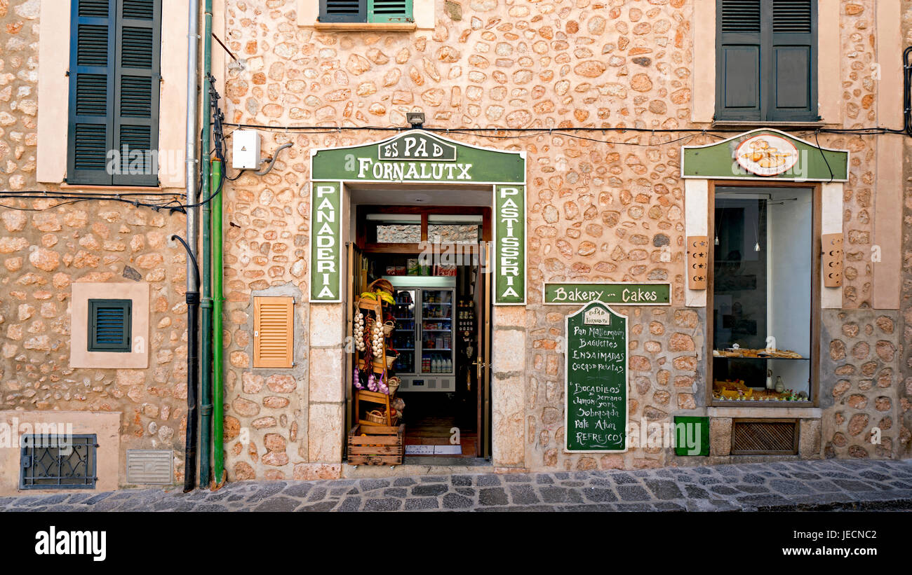 A typical small grocery in Fornalutx medieval town in Tramuntana Mountains, Majorca, Balearic Island of Spain - Spring 2017 Stock Photo