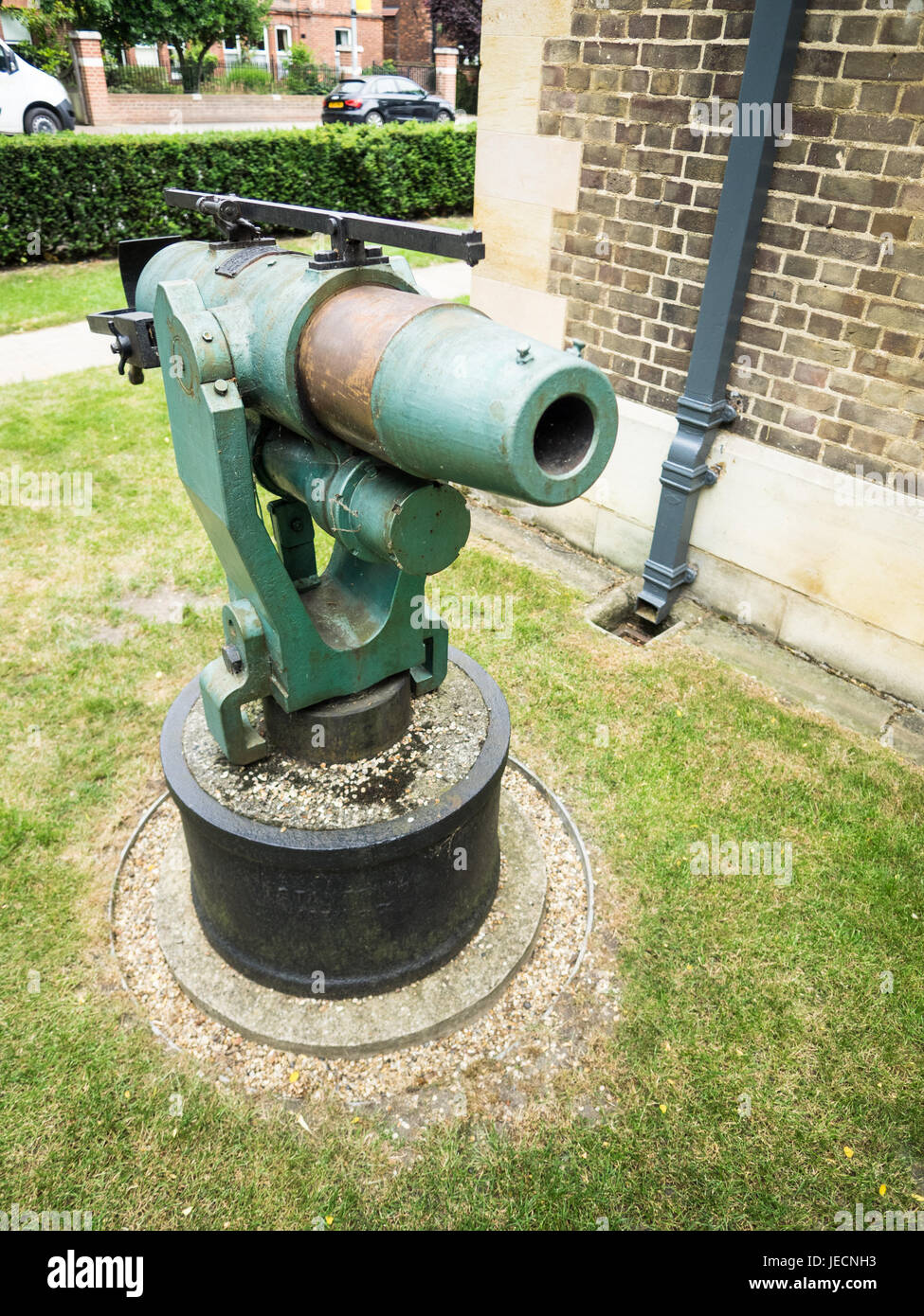 An old whaling Harpoon Gun outside the Polar Museum at the Scott Polar Research Institute in Cambridge, part of the University of Cambridge Stock Photo