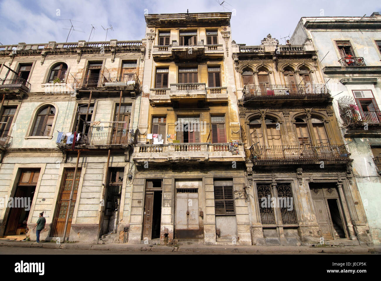 Cuba, Havana, house facades, neglectedly, the Caribbean, island, houses, residential houses, buildings, facades, old, dilapidatedly, renovation-destitute, city centre, destination, tourism, Stock Photo