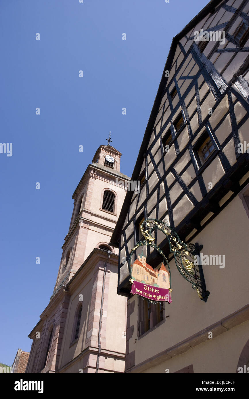 France, Alsace, Riquewihr, church, house facade, guild sign, Stock Photo