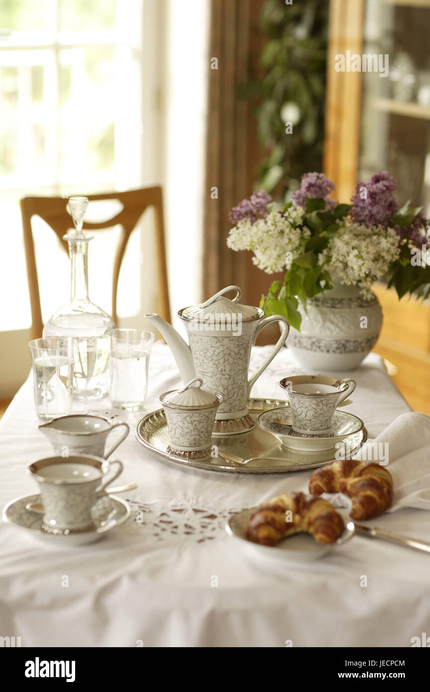 Coffee table, covered, porcelain, elegantly, table, dishes, china, silver tablet, tea service, cups, teapot, tea drinking, Teatime, sugar bowl, table caps, white, glasses, water, croissants, porcelain vase, vase, lilac, chair, nobody, Stock Photo