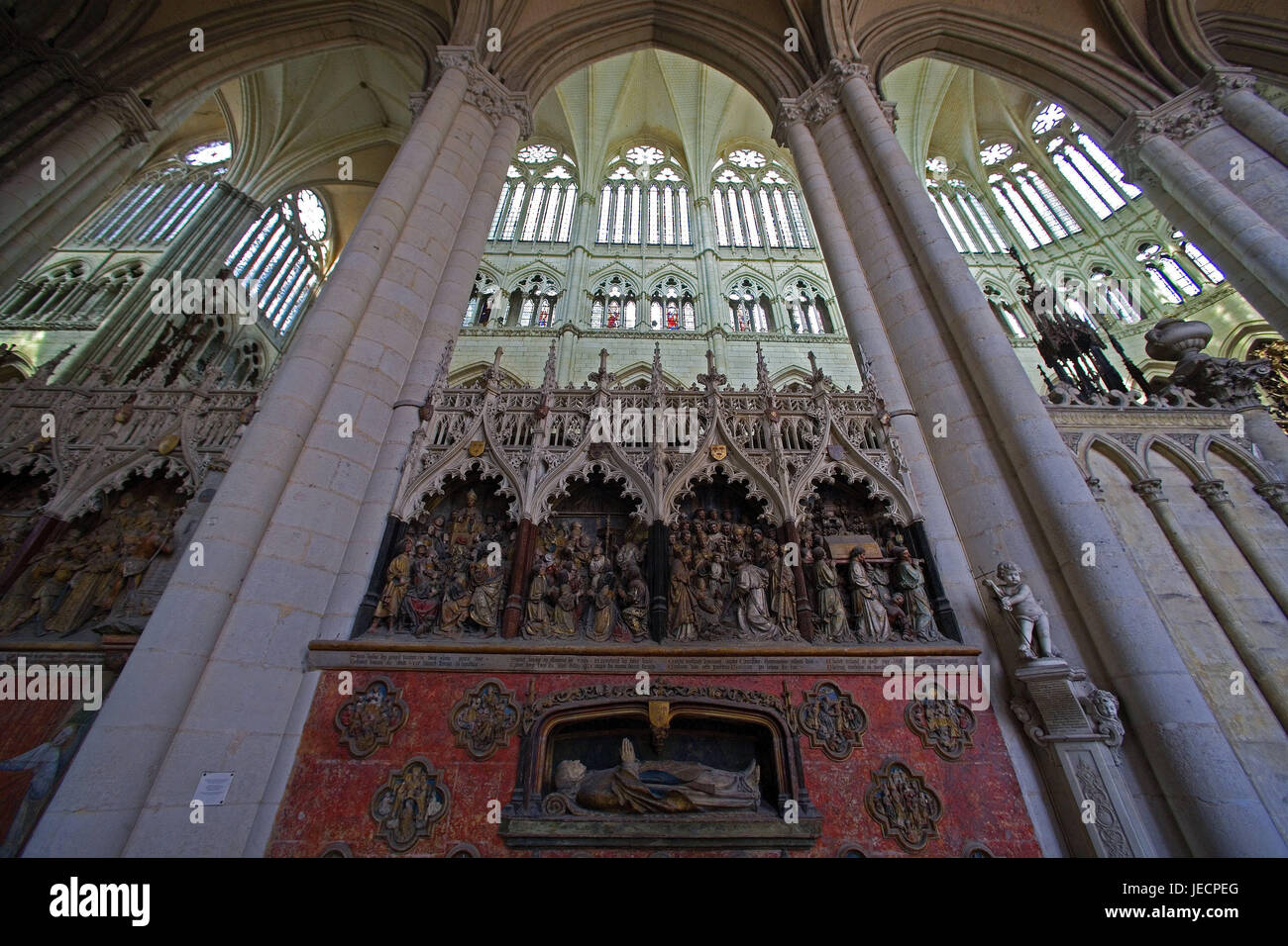 France, Picardy, Amiens, cathedral Notre lady, in 1220-1288, interior view, figures of a saint, Northern France, basilica, church, structure, architecture, statues, characters, representation, actions, story, place of interest, landmark, UNESCO-world cultural heritage, icon, faith, religion, Christianity, spirituality, Stock Photo